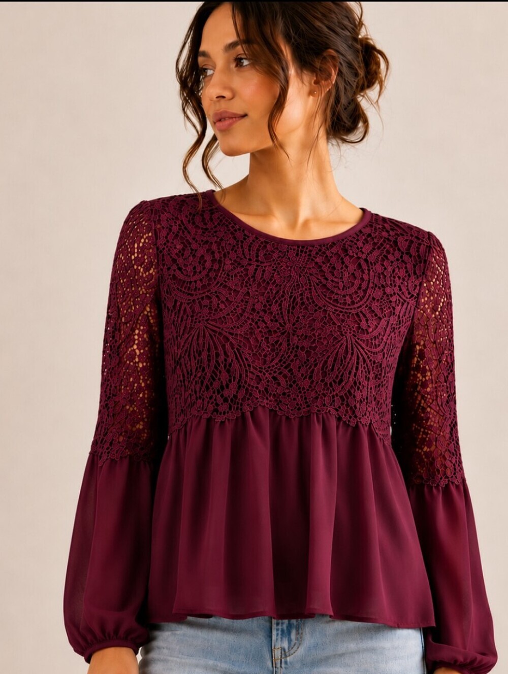 New York & Co Lace Yoke Chiffon Boho Blouse M Burgundy EUC